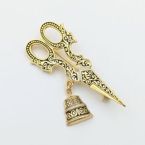 Vintage Damascene Scissors and Thimble Brooch Pin